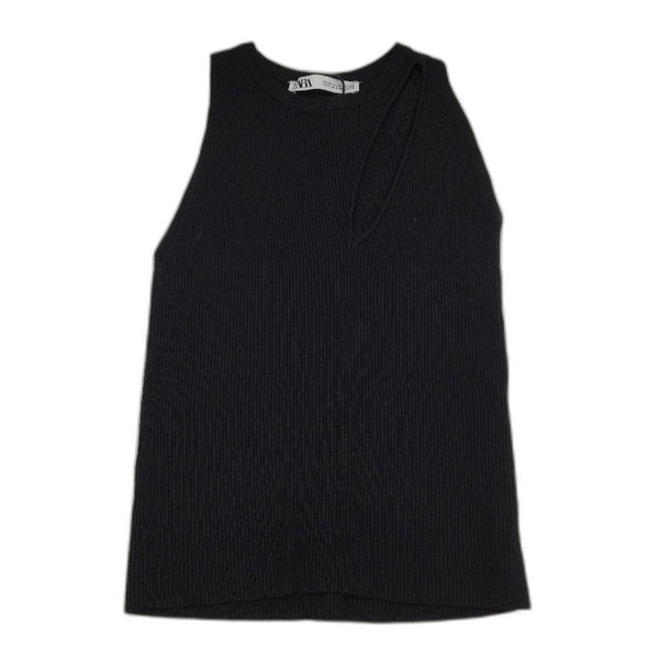 Zara Asymmetrical Ribbed Slim Fit Black Cutout Sleeveless Top Ladies Size Medium