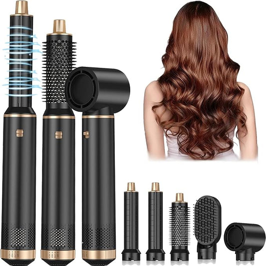 5 in 1 Hot Air Blow Dryer Hair Curler Detachable Brush Set in Black Gold NEW
