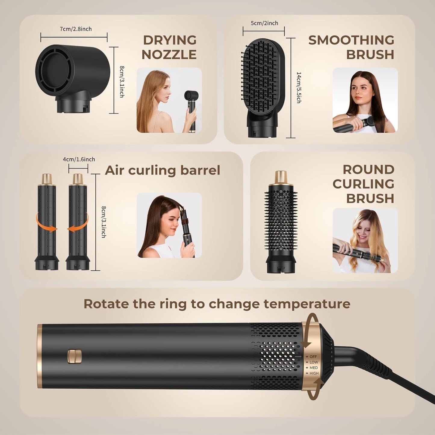 5 in 1 Hot Air Blow Dryer Hair Curler Detachable Brush Set in Black Gold NEW