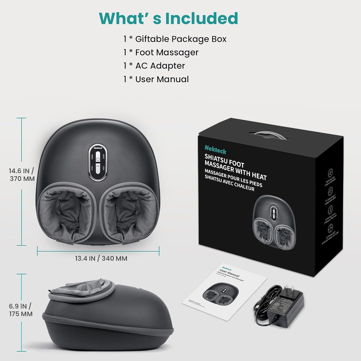 Nekteck FM-0301 Shiatsu Air Compression Foot Massager with Heating in Gray NEW