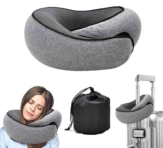 Memory Foam Travel Neck Pillow For Airplanes Trips With Storage Bag Grey NEW