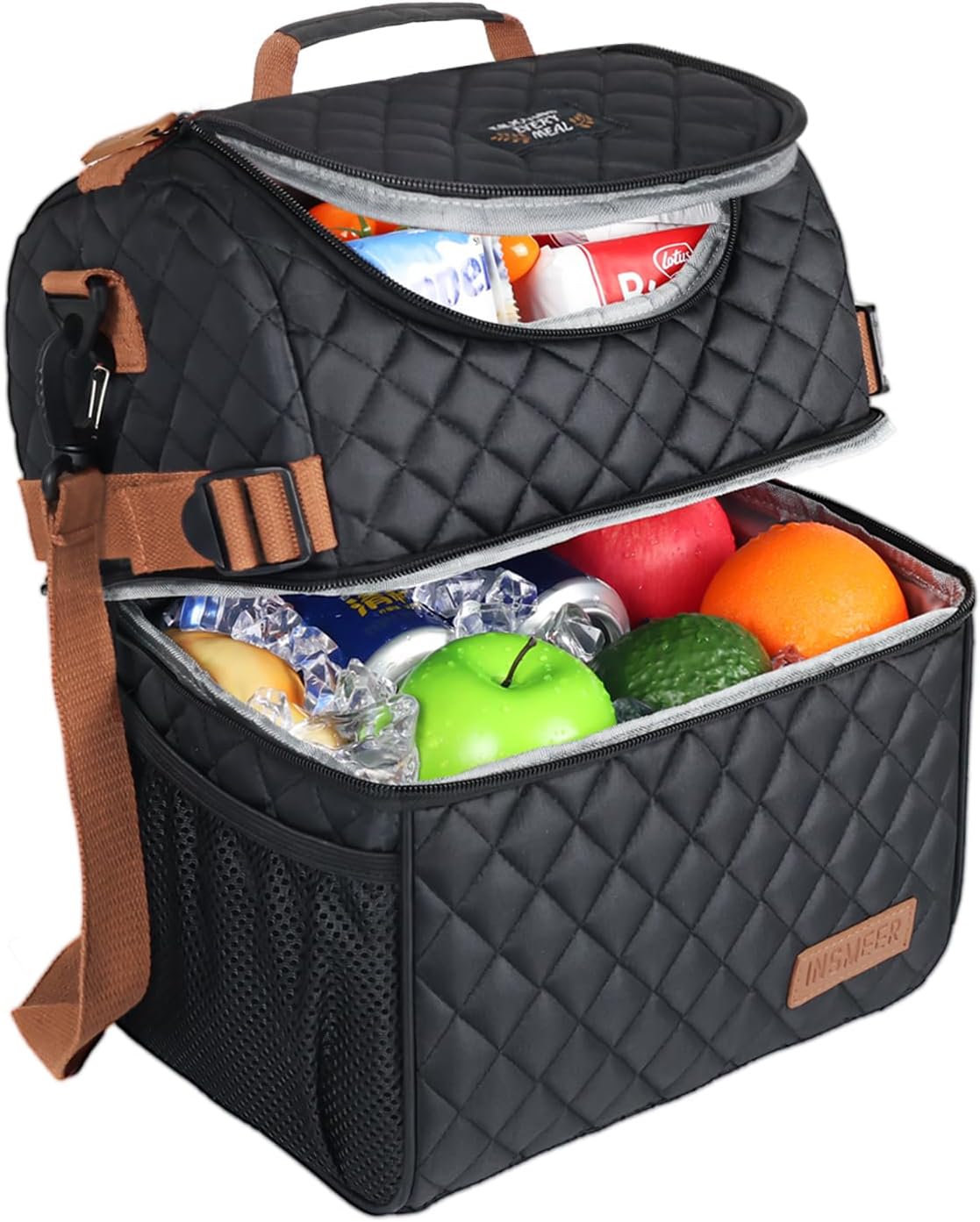 INSMEER 15L Black Quilted Dual Layer With Carry Strap Insulated Lunch Bag NEW