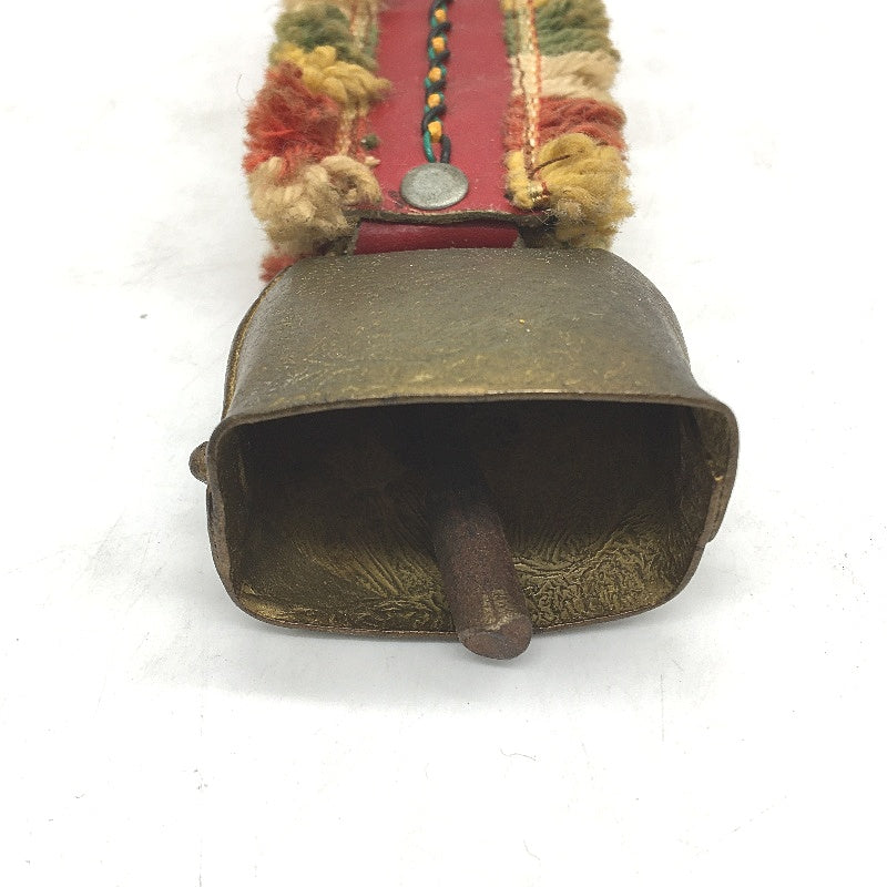 VINTAGE Red Vinyl Hanging Brass Coloured Metal Cow Bell