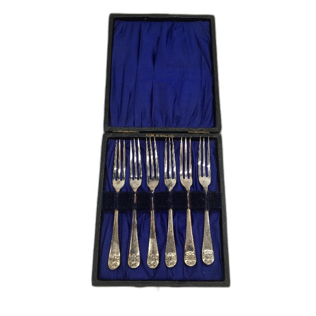 VINTAGE 6 Piece Made In England EPNS Plated Entree Mini Forks In Original Case