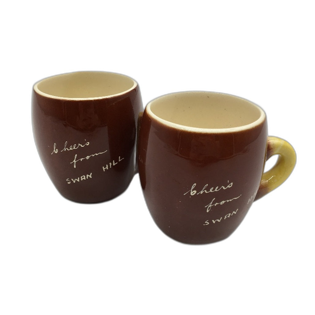 VINTAGE Pair Of "Cheers From Swan Hill" Ceramic Souvenir Glazed Mugs