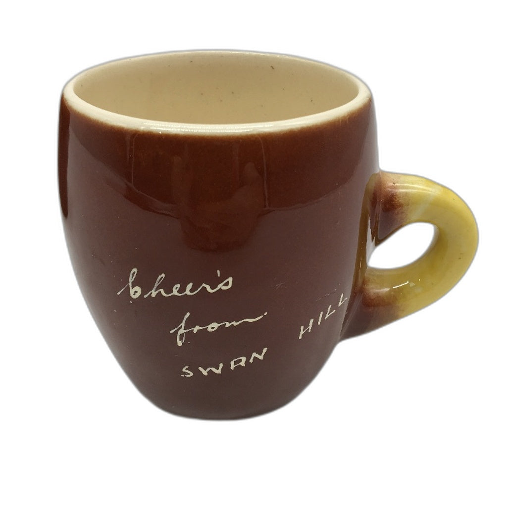 VINTAGE Pair Of "Cheers From Swan Hill" Ceramic Souvenir Glazed Mugs