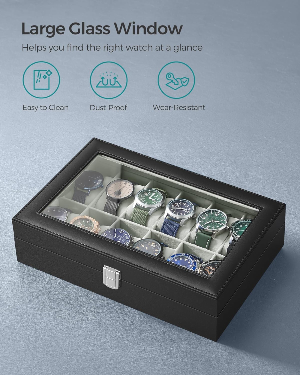 Songmics Black Leather Look 12 Slot Watch Storage Case With Glass Window NEW