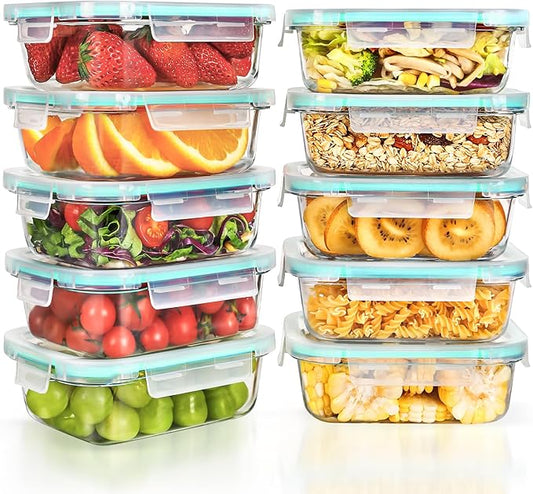 Feshory 10 x 640ml Pack Airtight Medium Glass Food Storage Containers NEW