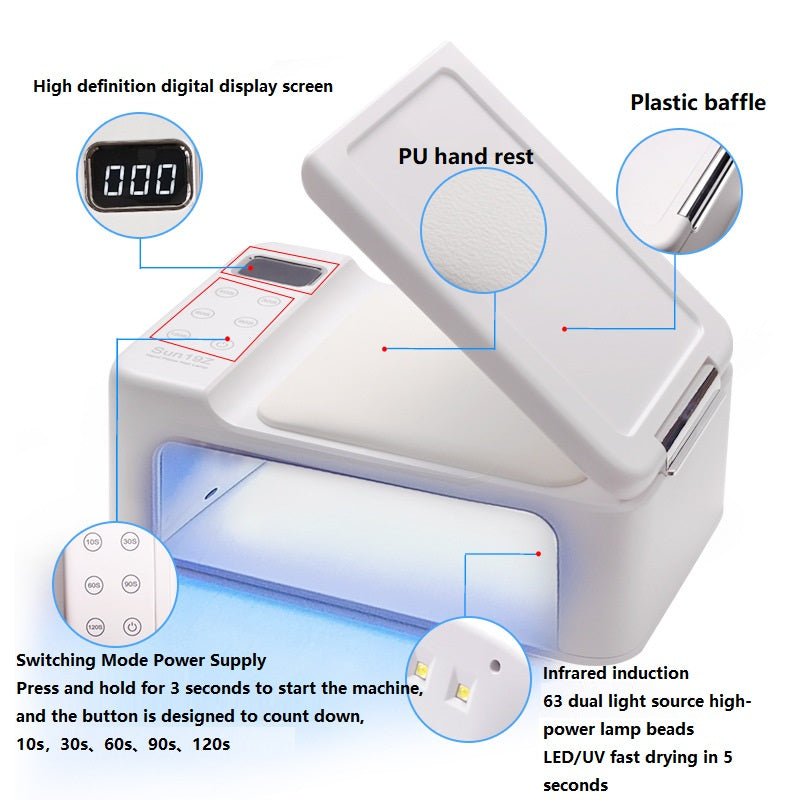 SUN 19Z 63 UV LED 5 Timer Professional Nail Lamp with Hand Cushion in White NEW