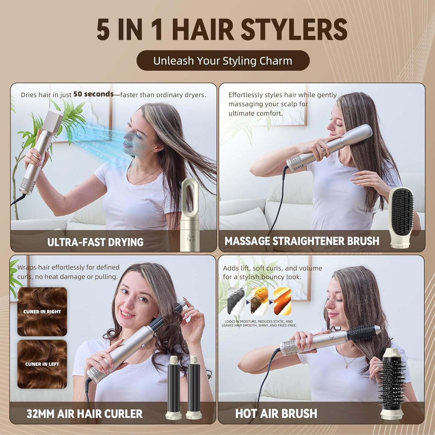 Wubbo 5 in 1 Multifunctional Styling Low Noise Hair Dryer Brush in Silver NEW