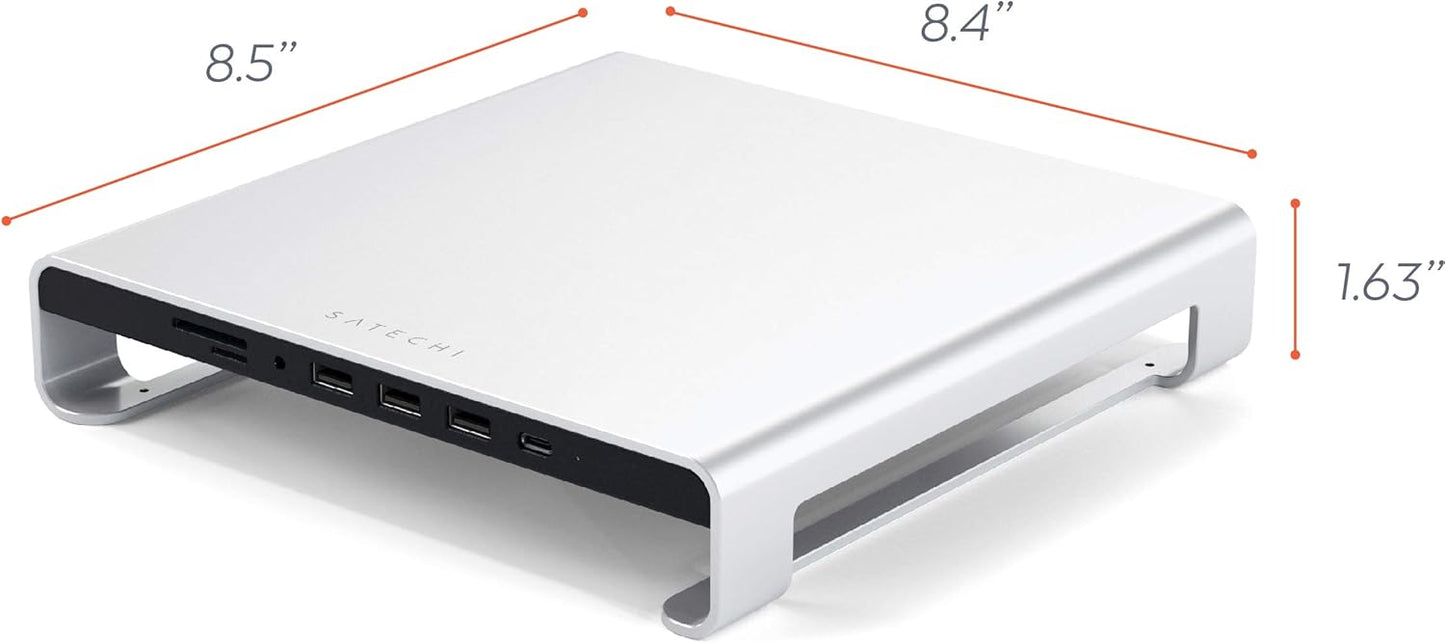 Satechi Aluminum Monitor Stand USBC C TYPE A 4 Port Hub for iMac in Silver NEW