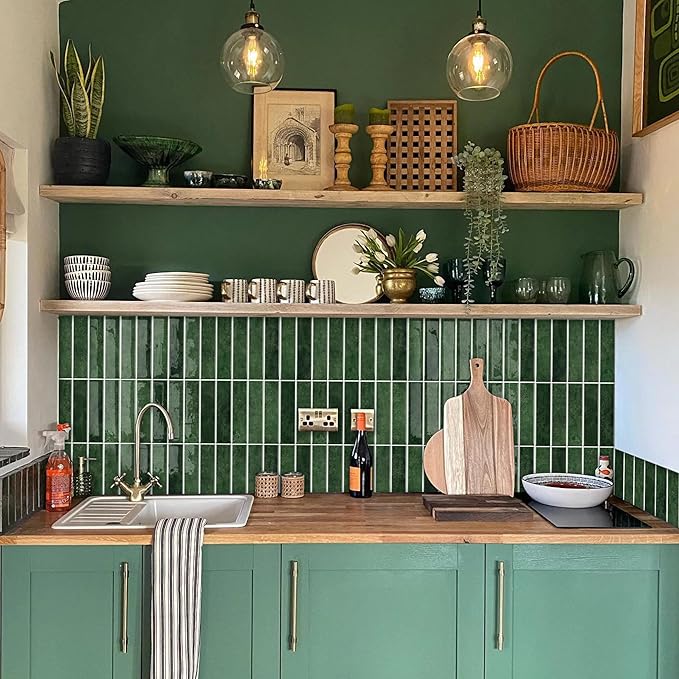 MORCART 80 Piece 30cm Linear Grid Tile Emerald Green Peel Stick Backsplash NEW