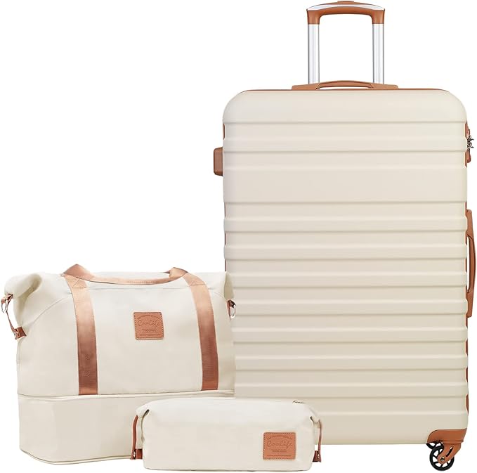 COOLIFE 3pc 28 Inch Cream Travel Luggage Set with Carry On and Toiletry Bag NEW