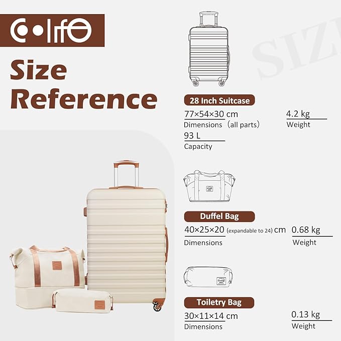 COOLIFE 3pc 28 Inch Cream Travel Luggage Set with Carry On and Toiletry Bag NEW