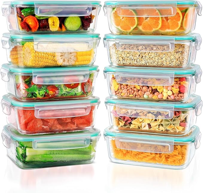 Feshory 10 Pack 1040ml Airtight Clear Glass Food Storage Containers NEW