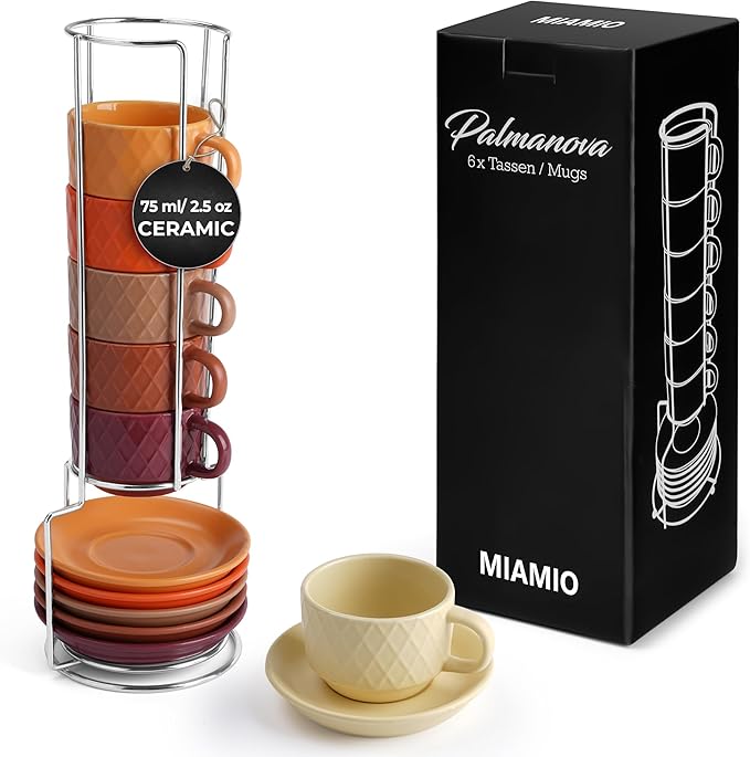 Miamio 6 Piece 75ml Palmanova Stoneware Espresso Mugs in Magma Red NEW