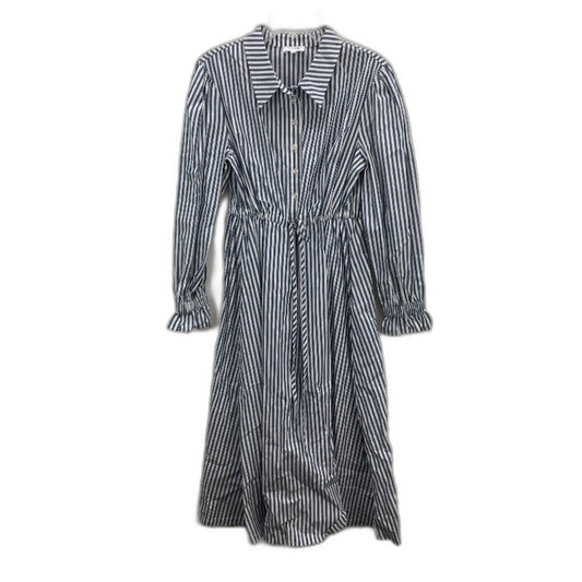 Grab Denim Blue Stripe L /Sleeve Button Up Draw String Dress Ladies Size 10 NEW