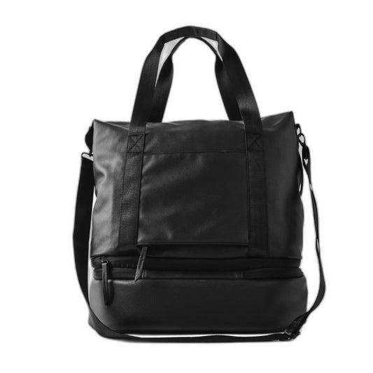 Weekender Tote Black Leather Look Expandable Travel Bag W/ Shoe Compartment NEW