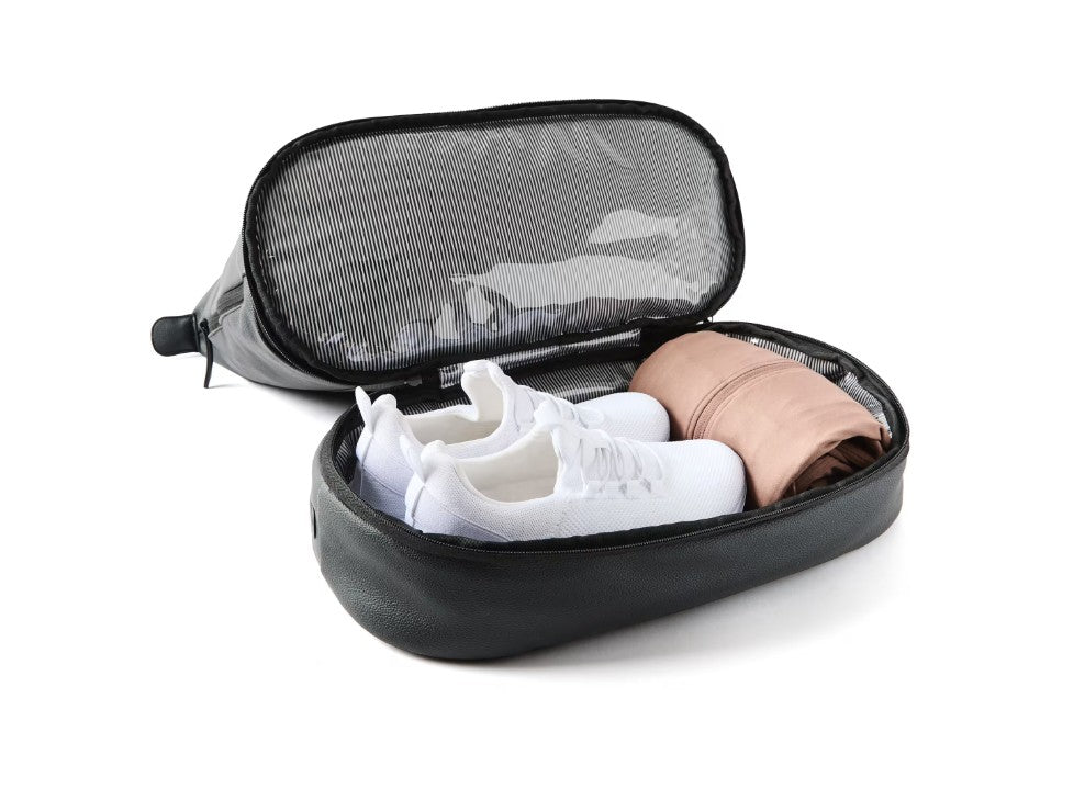 Weekender Tote Black Leather Look Expandable Travel Bag W/ Shoe Compartment NEW