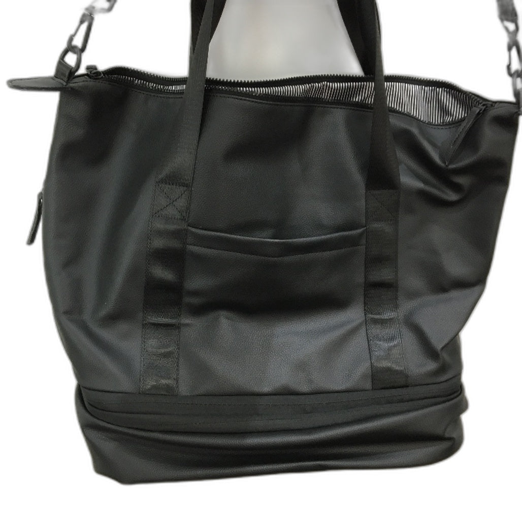 Weekender Tote Black Leather Look Expandable Travel Bag W/ Shoe Compartment NEW