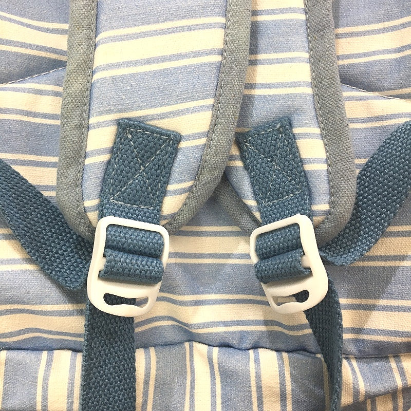 Washable Cotton Feel Large Beach Blue Striped Front Zipped Pocket Backpack NEW