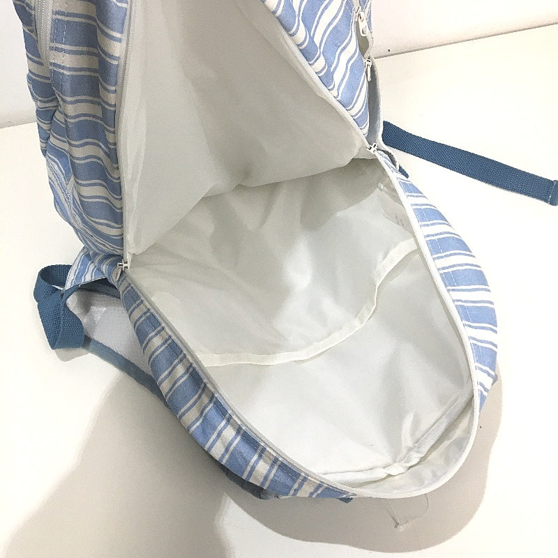 Washable Cotton Feel Large Beach Blue Striped Front Zipped Pocket Backpack NEW