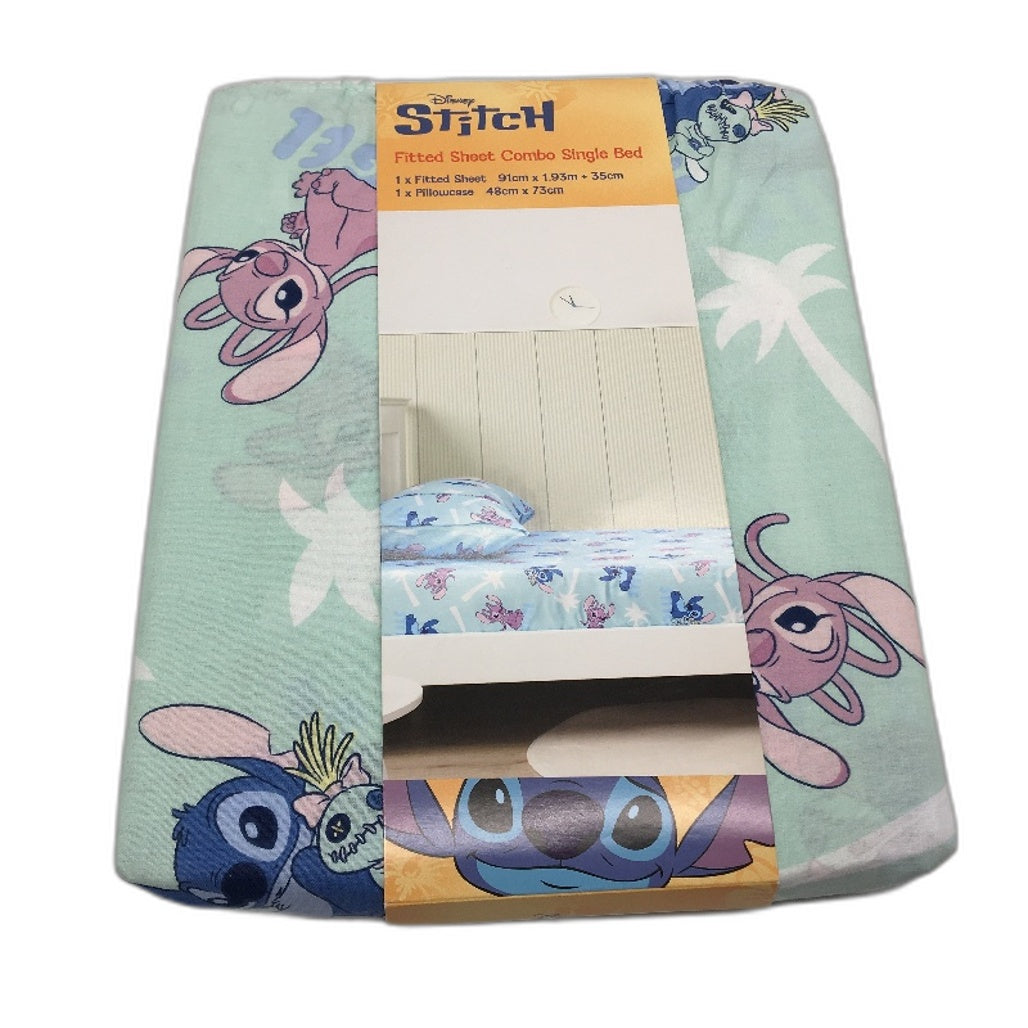 Disney Stitch 100% Cotton Aqua Fitted Sheet Combo SINGLE Bed NEW