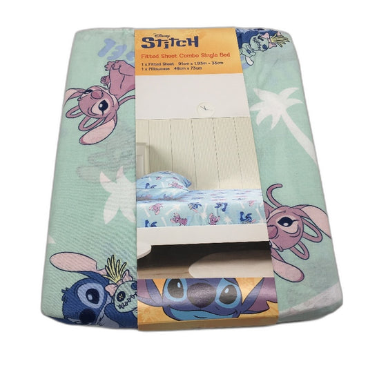 Disney Stitch 100% Cotton Aqua Fitted Sheet Combo SINGLE Bed NEW