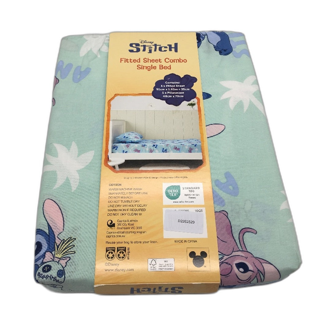 Disney Stitch 100% Cotton Aqua Fitted Sheet Combo SINGLE Bed NEW
