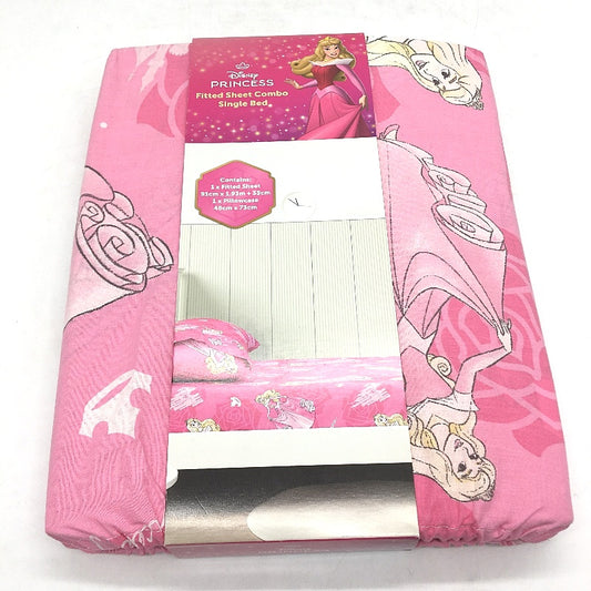 Disney Princess 100% Cotton Bright Pink Fitted Sheet Combo SINGLE Bed NEW