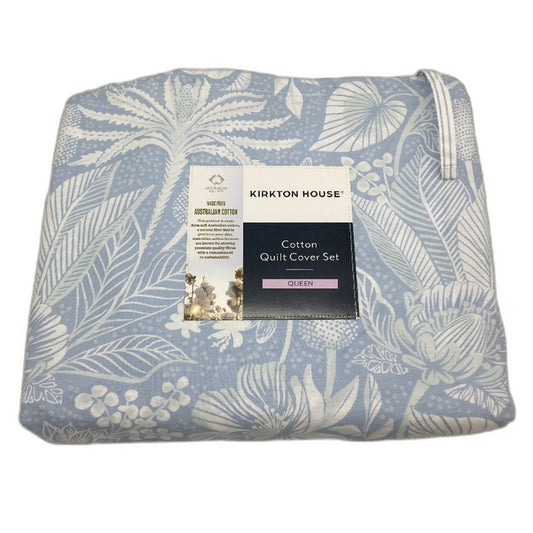 Kirkton House Australian Cotton Blue Flora Print Quilt Cover Set QUEEN Bed NEW