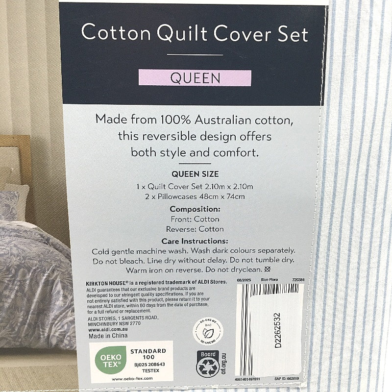 Kirkton House Australian Cotton Blue Flora Print Quilt Cover Set QUEEN Bed NEW