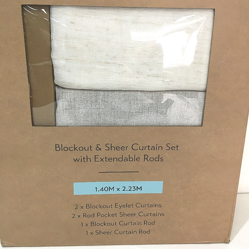 Kirkton House Blockout & Sheer Curtain Set W/ Extendable Rods 1.4x2.23m NEW