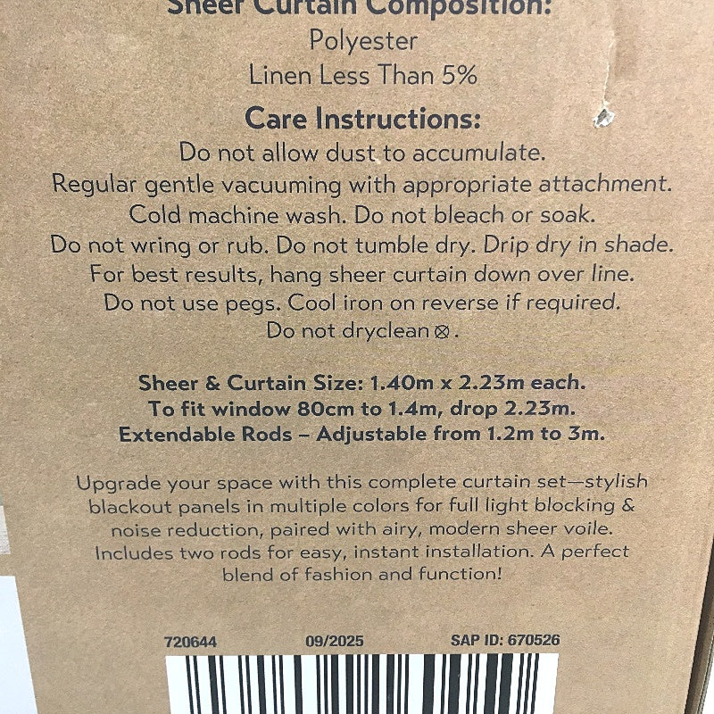 Kirkton House Blockout & Sheer Curtain Set W/ Extendable Rods 1.4x2.23m NEW