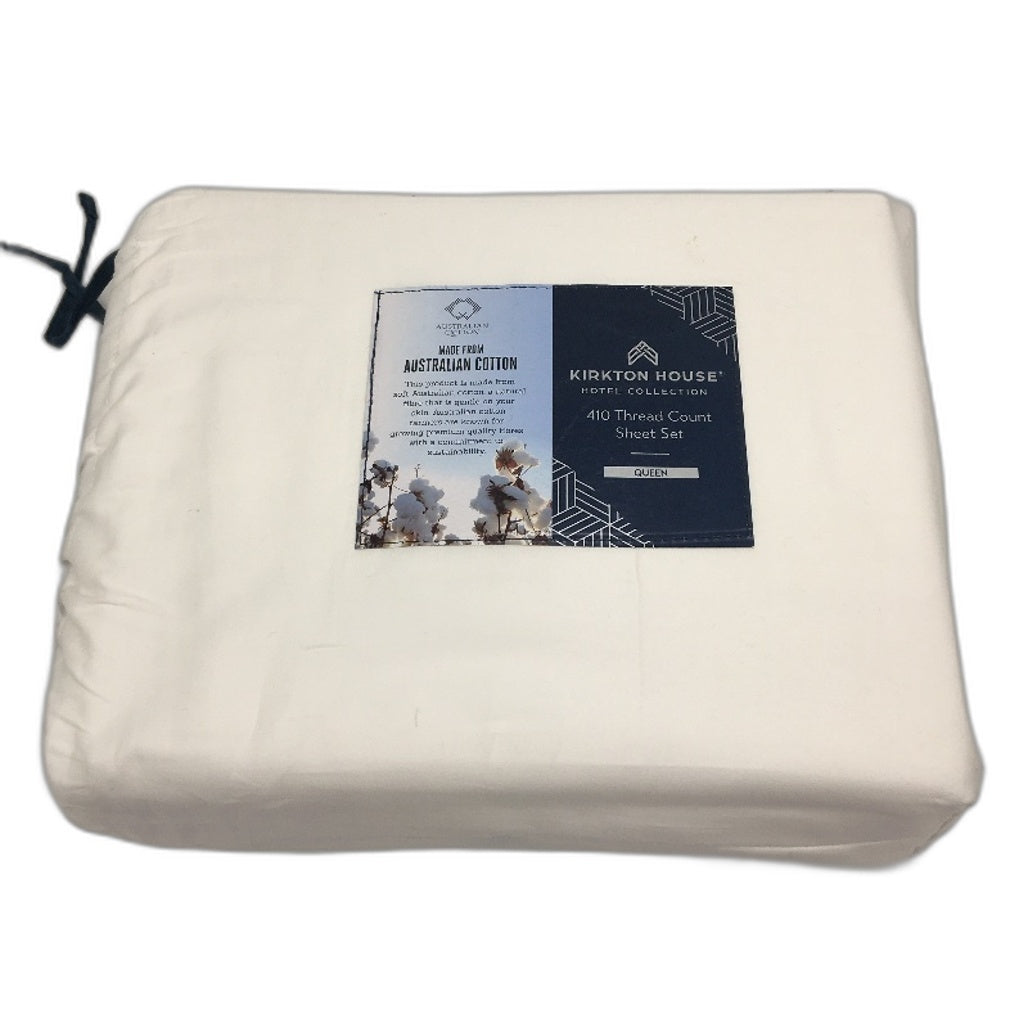 Kirkton House Bright White Blue Rim 100% Cotton 410TC Sheet Set QUEEN Bed NEW