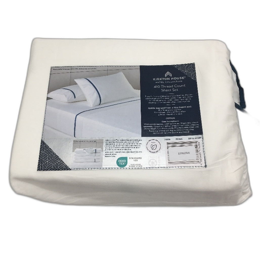 Kirkton House Bright White Blue Rim 100% Cotton 410TC Sheet Set QUEEN Bed NEW