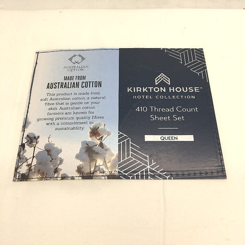 Kirkton House Bright White Blue Rim 100% Cotton 410TC Sheet Set QUEEN Bed NEW