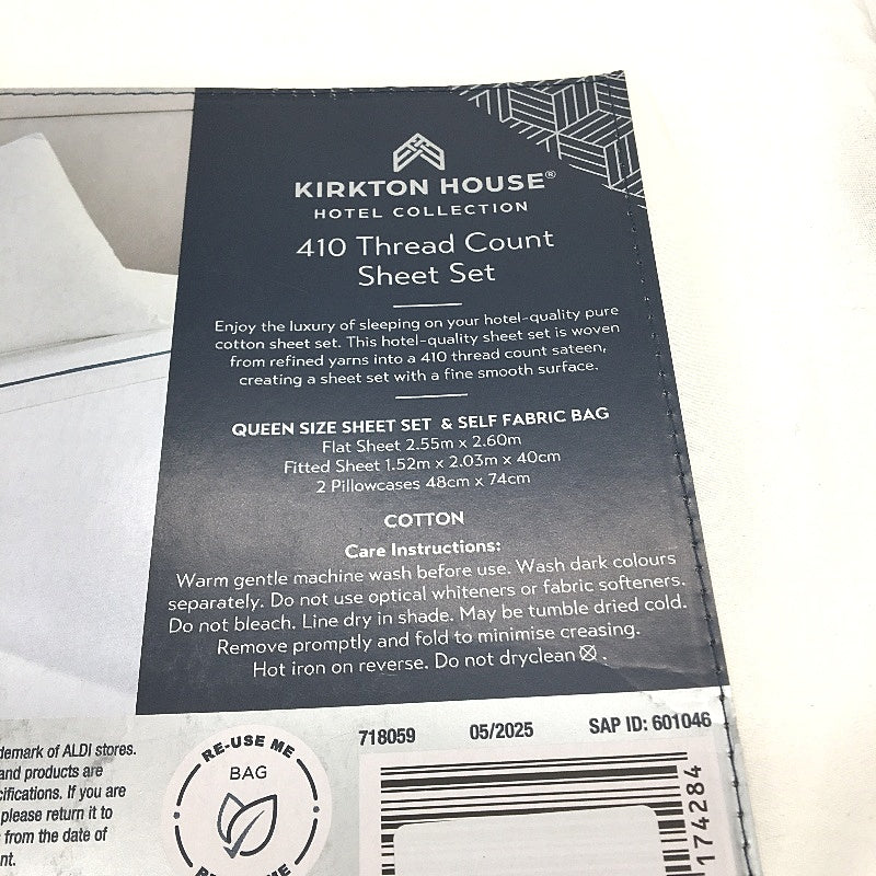 Kirkton House Bright White Blue Rim 100% Cotton 410TC Sheet Set QUEEN Bed NEW