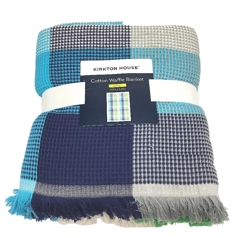 Kirkton House Blue Green Cotton Fringed Waffle Knitted Cotton Blanket SINGLE NEW