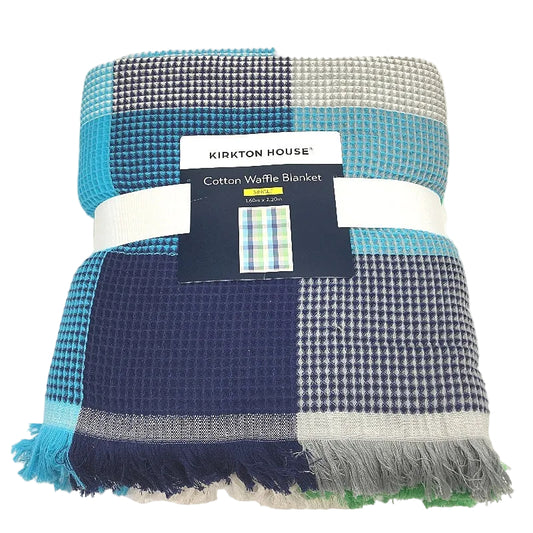Kirkton House Blue Green Cotton Fringed Waffle Knitted Cotton Blanket SINGLE NEW
