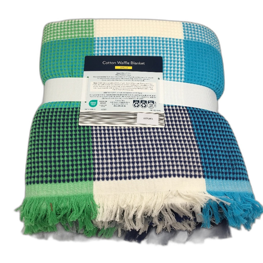 Kirkton House Blue Green Cotton Fringed Waffle Knitted Cotton Blanket SINGLE NEW