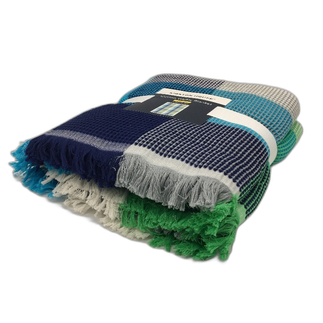 Kirkton House Blue Green Cotton Fringed Waffle Knitted Cotton Blanket SINGLE NEW