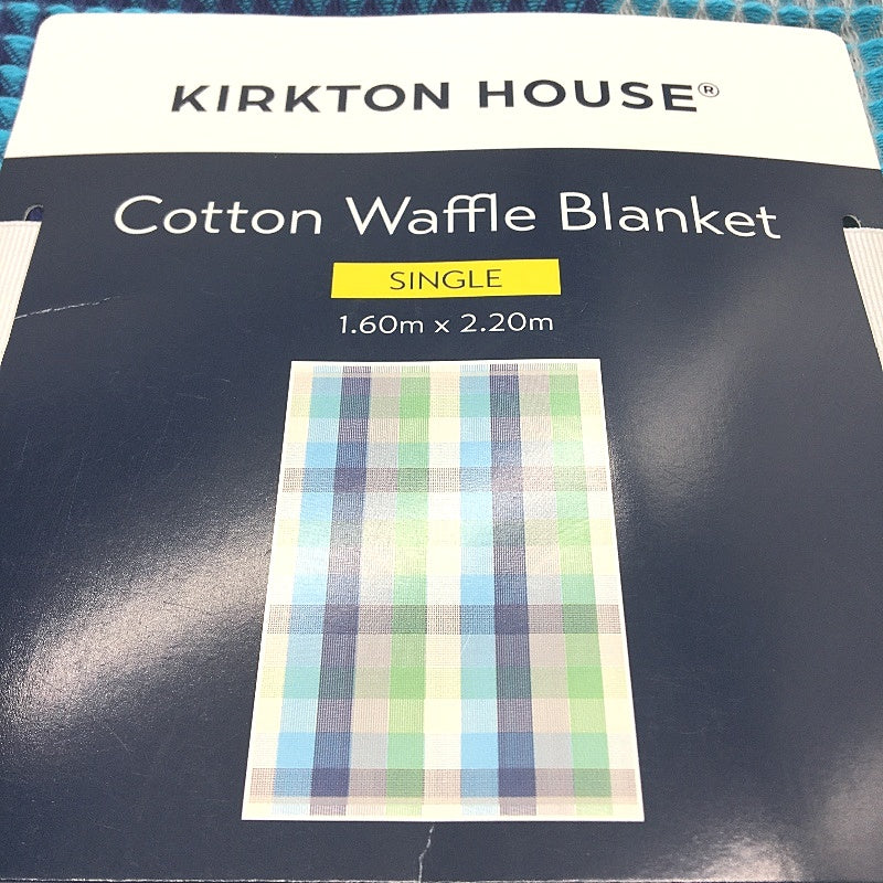 Kirkton House Blue Green Cotton Fringed Waffle Knitted Cotton Blanket SINGLE NEW