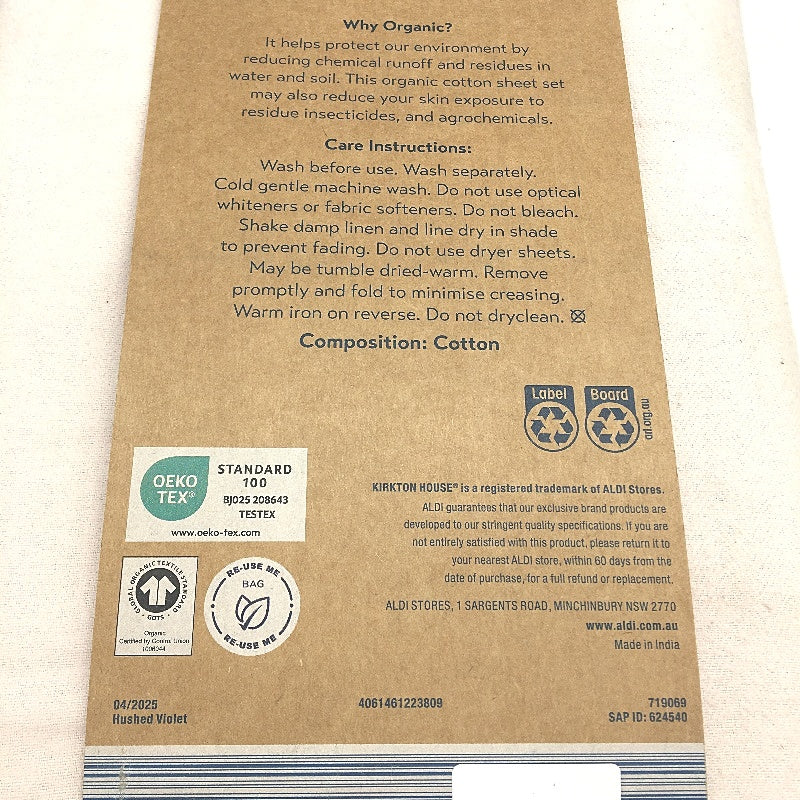 Organics by Kirkton House Flannelette Fitted Hushed Violet Sheet Set KING NEW