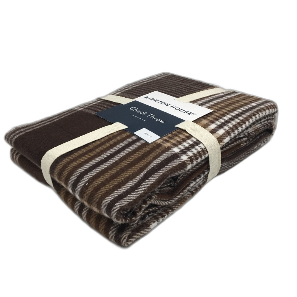 Kirkton House Soft Fleece Lightweight Brown Tan Check Throw Blanket NEW