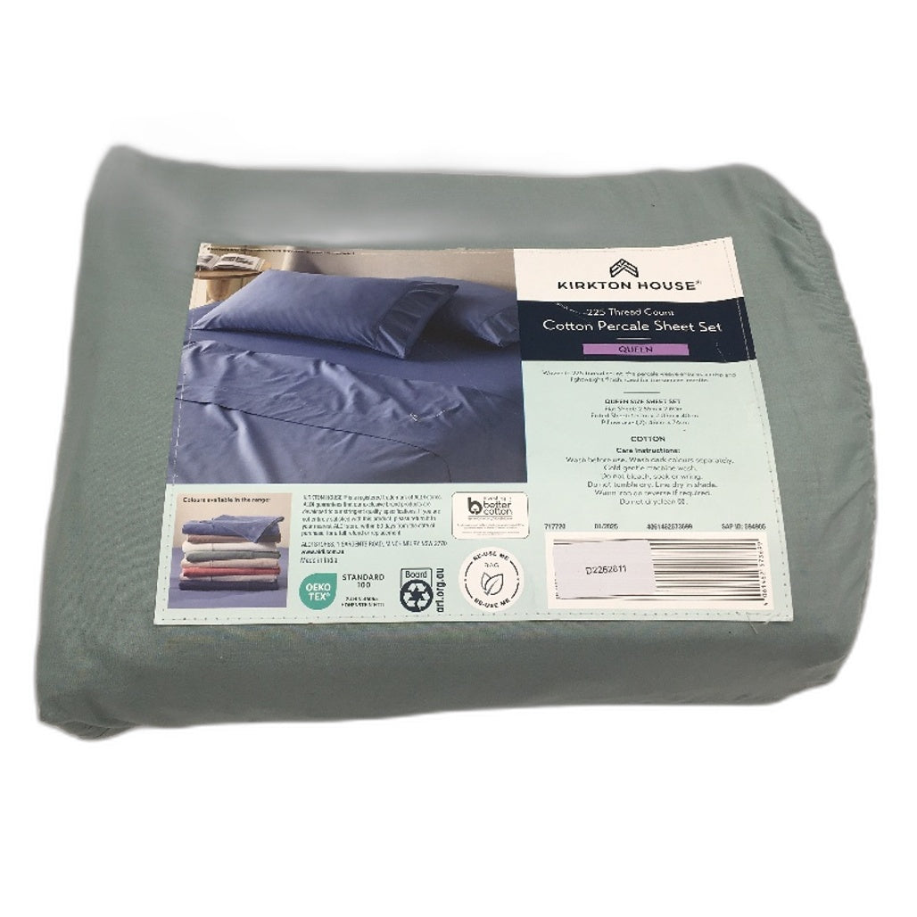 Kirkton House Mint Green 225 Thread Count Cotton Percale Sheet Set QUEEN NEW