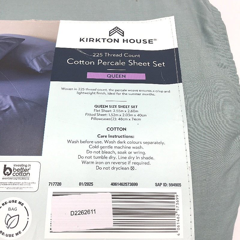 Kirkton House Mint Green 225 Thread Count Cotton Percale Sheet Set QUEEN NEW