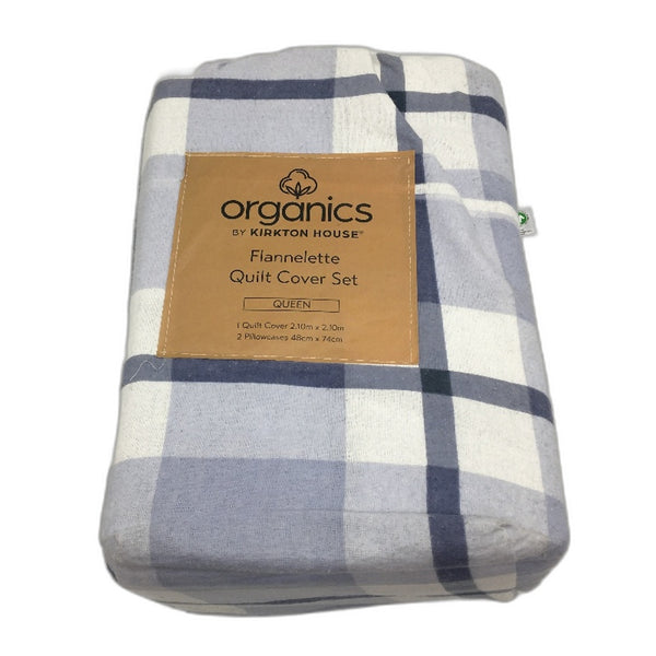 Organics by Kirkton House Flannelette Blue Check Soft Quilt Cover Set QUEEN NEW