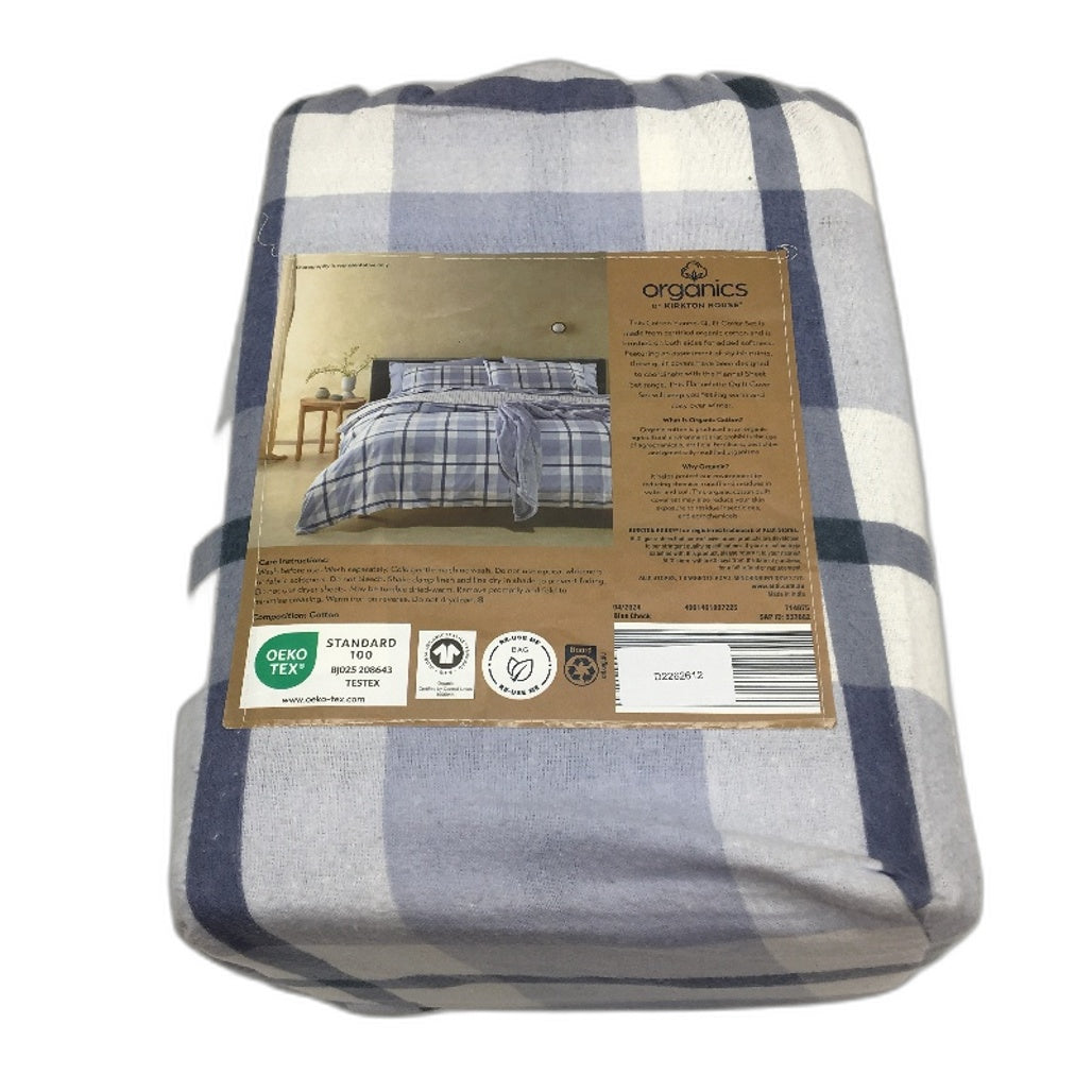 Organics by Kirkton House Flannelette Blue Check Soft Quilt Cover Set QUEEN NEW