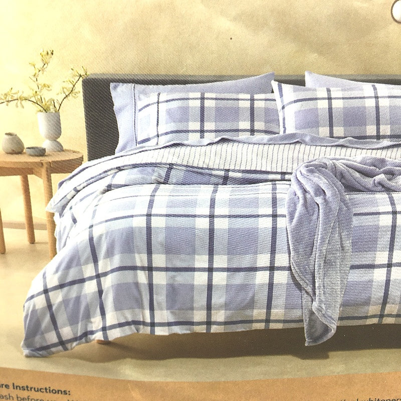 Organics by Kirkton House Flannelette Blue Check Soft Quilt Cover Set QUEEN NEW